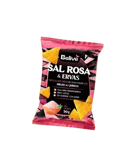 TORTILLA CHIPS BELIVE SABOR SAL ROSA E ERVAS 50G