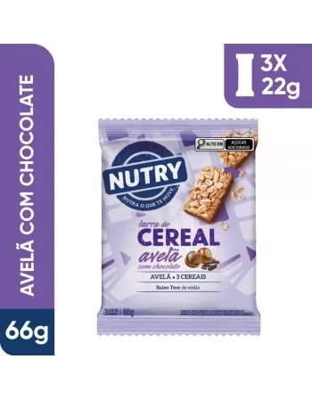 Barra de Cereais Avelã Com Chocolate - Nutry - Multipack 3 x 22g - Com 3 Cereais e Avelã