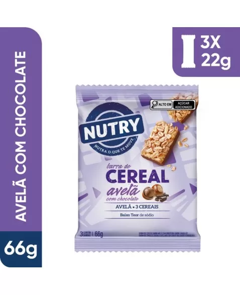 Barra de Cereais Avelã Com Chocolate - Nutry - Multipack 3 x 22g - Com 3 Cereais e Avelã