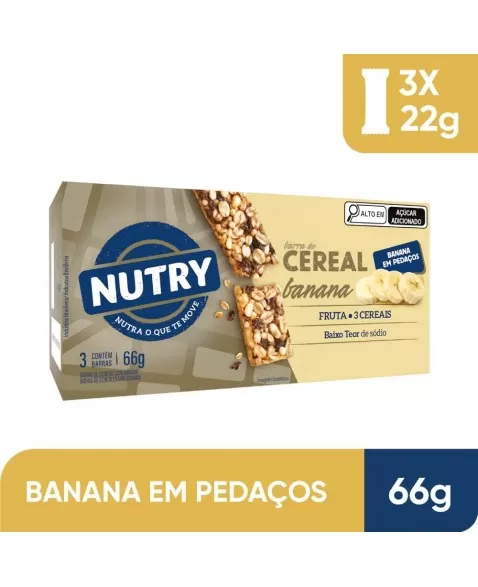 Barra De Cereais Banana - Nutry - Caixeta 3 X 22g - Com 3 Cereais e Banana em Pedaços