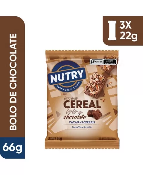 Barra De Cereais Bolo De Chocolate - Nutry - Multipack 3 X 22g - Com 3 Cereais e Cacau