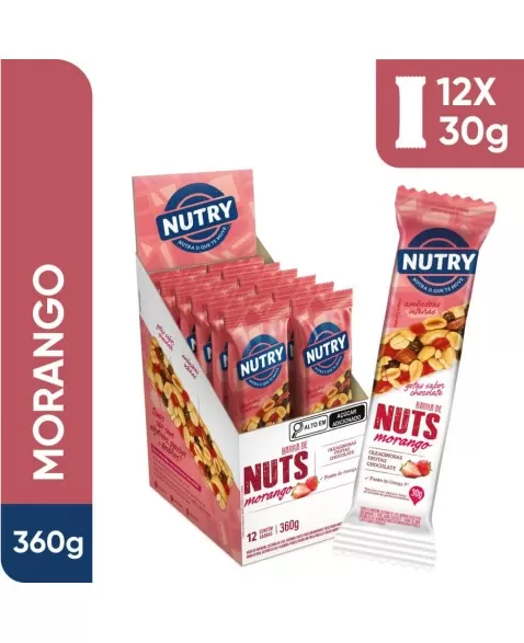 Barra de Nuts Morango - Nutry - Display 12 X 30g - Com Oleaginosas, Frutas e Chocolate