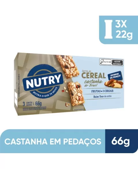 Barra de Cereais Castanha-do-Brasil - Nutry - Caixeta 3 X 22g - Com 3 Cereais e Castanha em Pedaços