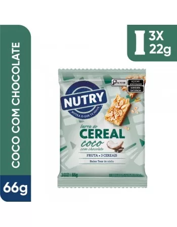 Barra de Cereais Coco com Chocolate - Nutry - Multipack 3 X 22g - Com 3 Cereais e Fruta