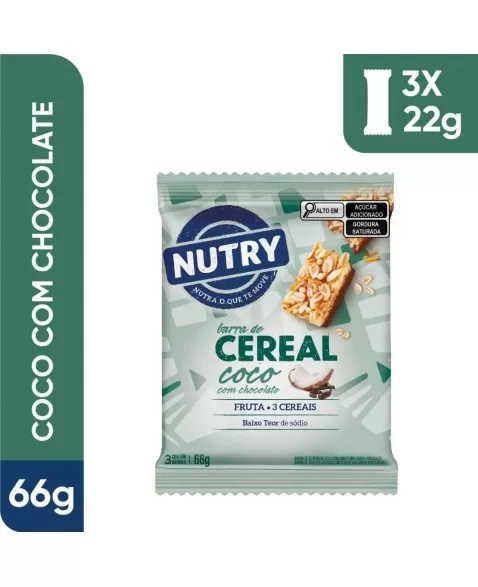 Barra de Cereais Coco com Chocolate - Nutry - Multipack 3 X 22g - Com 3 Cereais e Fruta