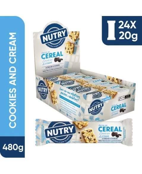 Barra de Cereais Cookies & Cream - Nutry - Display 24 X 20g - Com 3 Cereais e Cookies