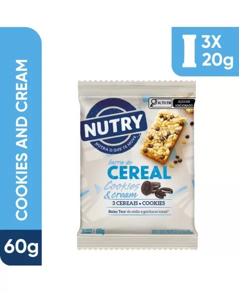 Barra de Cereais Cookies & Cream - Nutry - Multipack 3 X 20g - Com 3 Cereais e Cookies