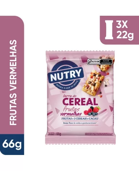 Barra de Cereais Frutas Vermelhas - Nutry - Multipack 3 X 22g - Com 3 Cereais, Frutas e Cacau