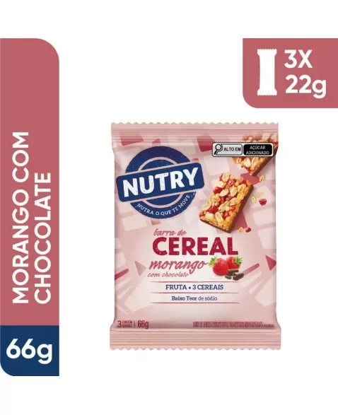 Barra de Cereais Morango Com Chocolate - Nutry - Multipack 3 X 22g - Com 3 Cereais e Fruta