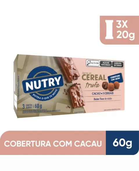 Barra de Cereais Trufa - Nutry - Caixeta 3 X 20g - Com 3 Cereais e Cobertura com Cacau