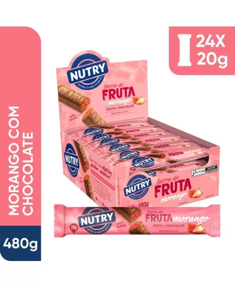 Barra de Fruta Morango - Nutry - Display 24 x 20g - Com Fruta, Chocolate e Aveia