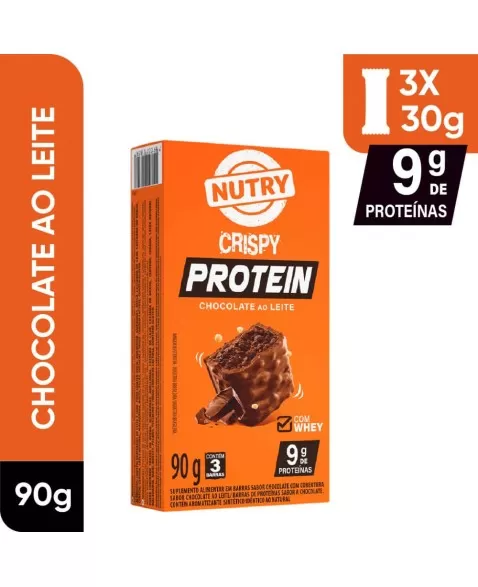 Barra de Proteínas Crispy Chocolate ao Leite - Nutry - Caixeta 3 x 30g - Com Whey e 9g de Proteínas