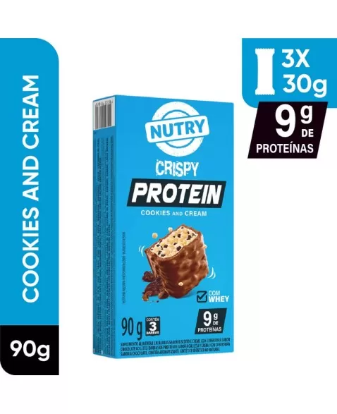 Barra de Proteínas Crispy Cookies & Cream - Nutry - Caixeta 3 x 30g - Com Whey e 9g de Proteínas