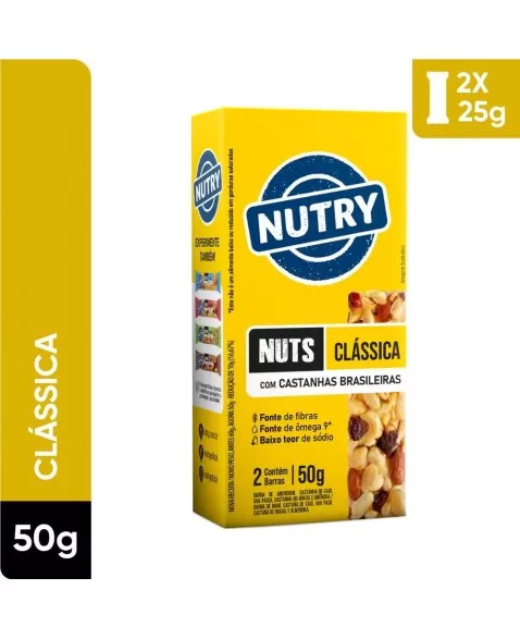 Barra de Nuts Clássica - Nutry - Caixeta 2 x 25g - Com Castanhas Brasileiras, Amêndoas e Uva-passa