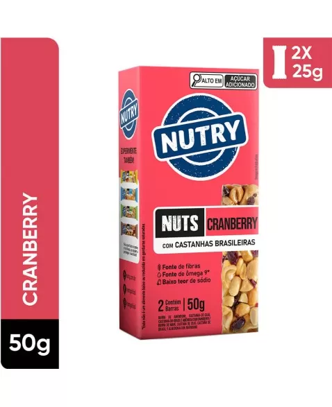 Barra de Nuts Cranberry - Nutry - Caixeta 2 x 25g - Com Castanhas Brasileiras, Amêndoas e Fruta