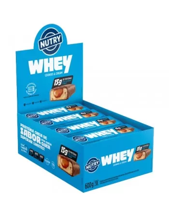 Barra de Proteínas Whey Cookies & Cream - Nutry - Display 12 x 50g - Com Colágeno, Fibras e 15g de Proteínas