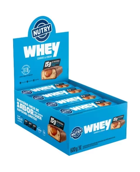 Barra de Proteínas Whey Cookies & Cream - Nutry - Display 12 x 50g - Com Colágeno, Fibras e 15g de Proteínas