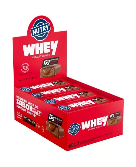 Barra de Proteínas Whey Chocolate Crocante - Nutry - Display 12 x 50g - Com Colágeno, Fibras e 15g de Proteínas