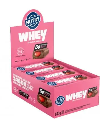 Barra de Proteínas Whey Trufa de Morango - Nutry - Display 12 x 50g - Com Colágeno, Fibras e 15g de Proteínas