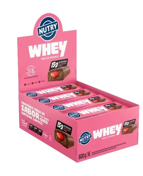 Barra de Proteínas Whey Trufa de Morango - Nutry - Display 12 x 50g - Com Colágeno, Fibras e 15g de Proteínas