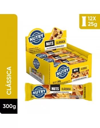 Barra de Nuts Clássica - Nutry - Display 12 x 25g - Castanhas Brasileiras, Amêndoas e Uva-passa