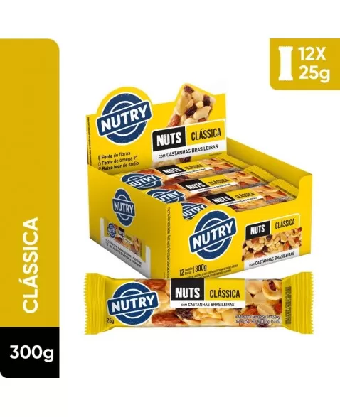 Barra de Nuts Clássica - Nutry - Display 12 x 25g - Castanhas Brasileiras, Amêndoas e Uva-passa