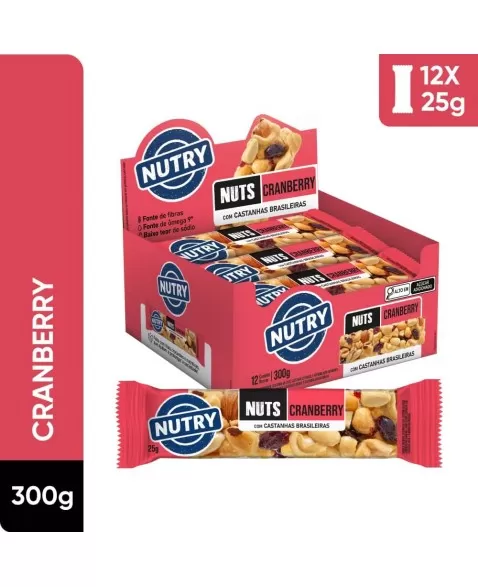 Barra de Nuts Cranberry - Nutry - Display 12 x 25g - Com Castanhas Brasileiras, Amêndoas e Fruta