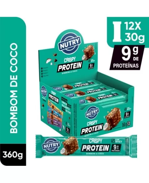 Barra de Proteínas Crispy Bombom de Coco - Nutry - Display 12 x 30g - Com Whey e 9g de Proteínas