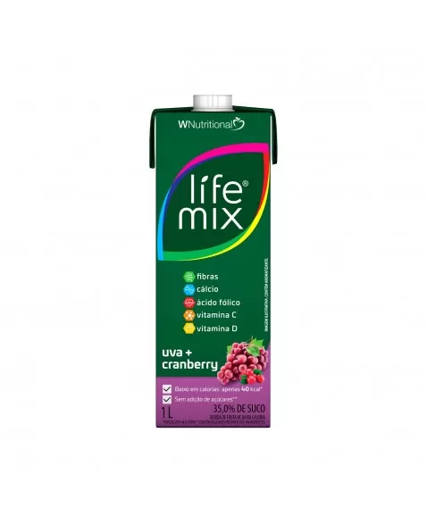 SUCO BAIXA CALORIA UVA E CRANBERRY - 35% SUCO INTEGRAL - LIFE MIX - 1 LITRO