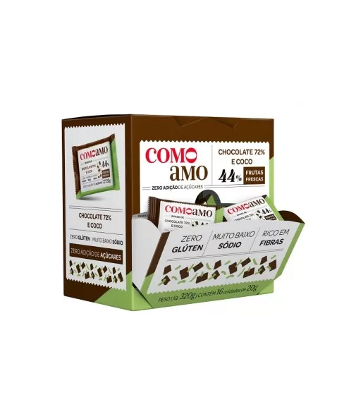 Snack Doce Chocolate 72% e Coco Zero - ComoAmo - Display 16 X 20g